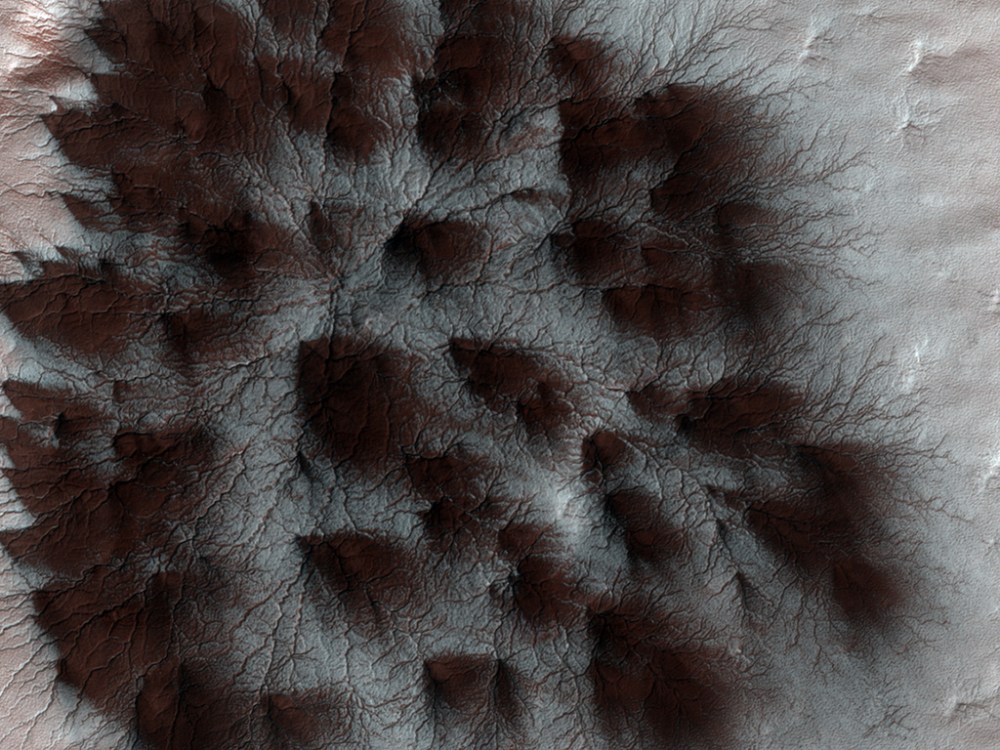 Dust Geysers Form Spray Patterns in the Martian Ice