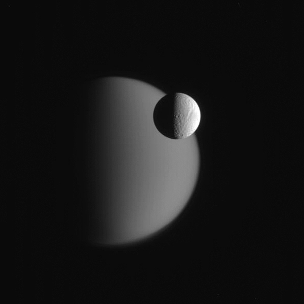 Tethys passes in front of Titan