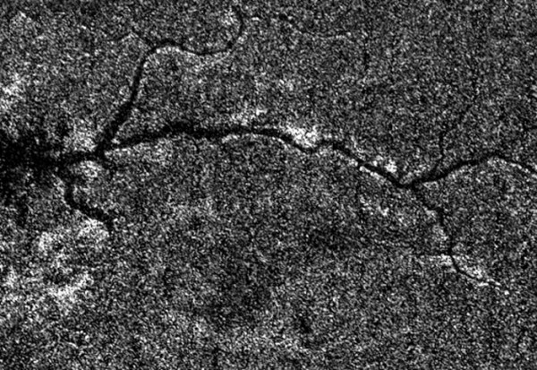 Radar image of Titan's surface from Cassini. North is left. (NASA/JPL/SSI)
