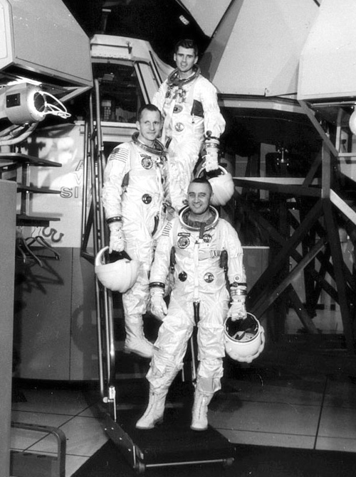 Apollo 1 astronauts (bottom to top) Virgil I. Grissom, Edward H. White II and Roger B. Chaffee pose on the steps leading to the Apollo Mission Simulator at the Kennedy Space Center on January 19, 1967 (NASA/Ed Hengeveld)