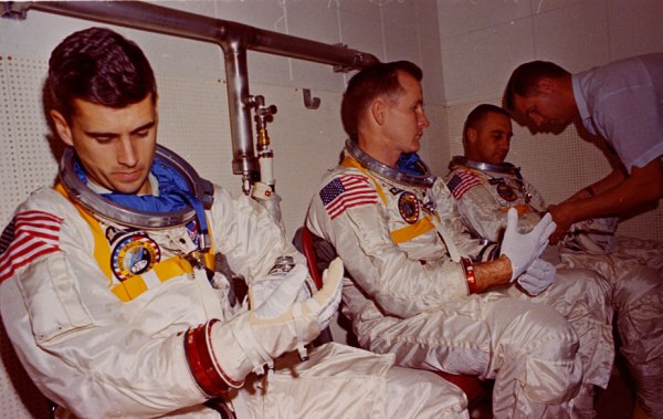 The Apollo 1 primary crew rides in the transport van to a test on Jan. 25, 1967 (NASA/J.L. Pickering)