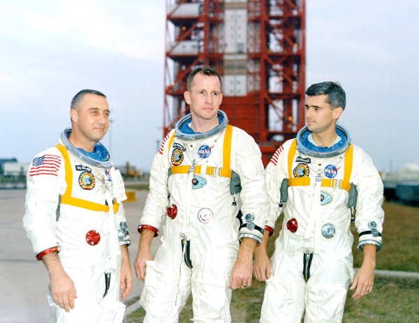 Apollo 1 astronauts Virgil I. "Gus" Grissom, Edward H. White II and Roger B. Chaffee in front of Launch Complex 34 at Kennedy Space Center on January 17, 1967 (NASA/KSC)