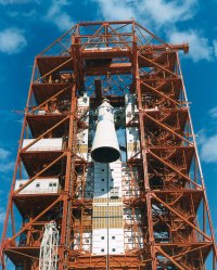 The Apollo CM was hoisted to the top of the gantry at launch complex 34 at the Kennedy Space Center in preparation of testing on Jan. 6, 1967 (NASA/Ed Hengeveld)