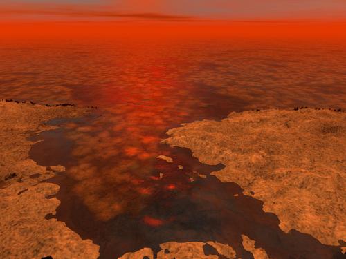 Artist's rendering of an ice-covered lake surface on Titan (NASA/JPL-Caltech/USGS)