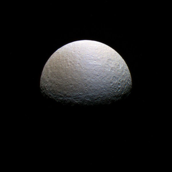 Polar view of Rhea made from raw Cassini images taken on March 9, 2013. (NASA/JPL/SSI/J. Major)