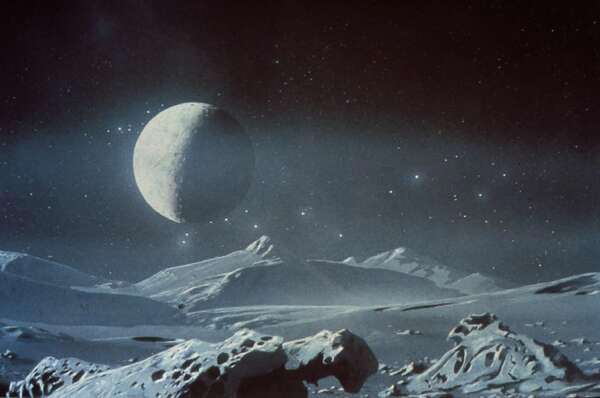 Artist's impression of Pluto's surface with Charon in its permanent spot in the sky. (NASA)