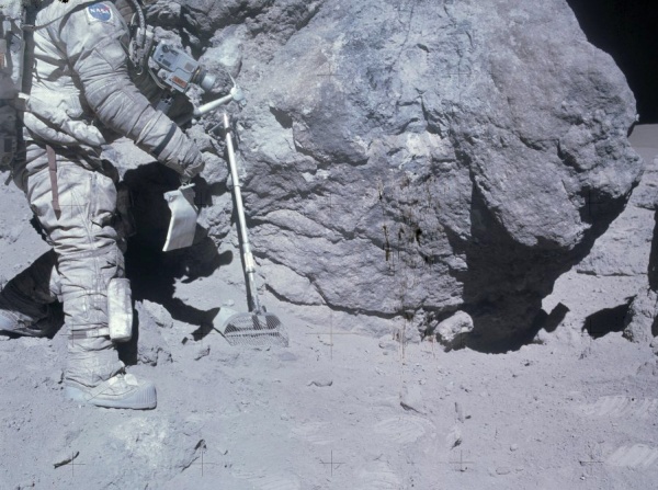 Apollo astronauts found that the lunar dust was clingy, sharp, irritating stuff... and it smelled like gunpowder. (Apollo 16 image)