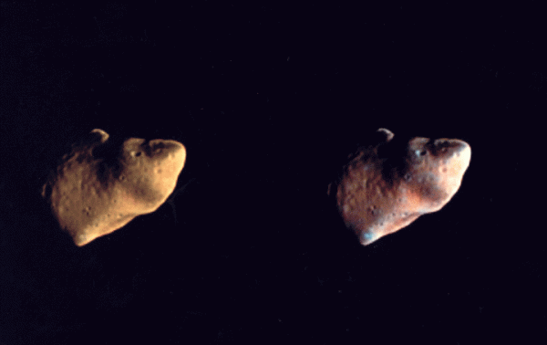 Galileo images of Gaspra taken from a distance of 9,941 miles (16,000 km). The image on the left is approximately true color.  (NASA/JPL)