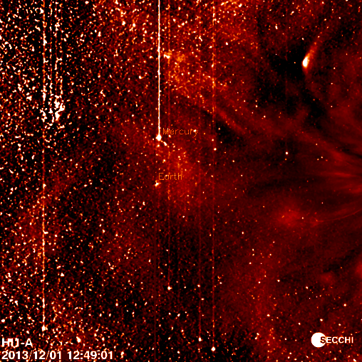 STEREO-A HI-1 images of ISON's remains still visible on Dec. 1 (upper right)