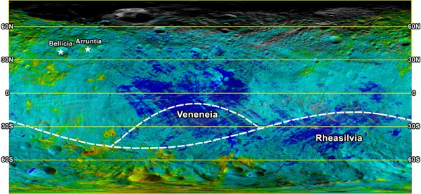 This colorized map from NASA's Dawn mission shows the types of rocks and minerals distributed around the surface of the giant asteroid Vesta. (NASA/JPL-Caltech/UCLA/ASI/INAF)