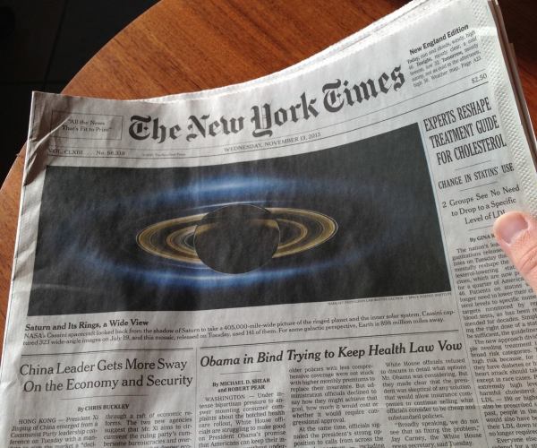 Cassini's image of Saturn makes the NY Times front page 
