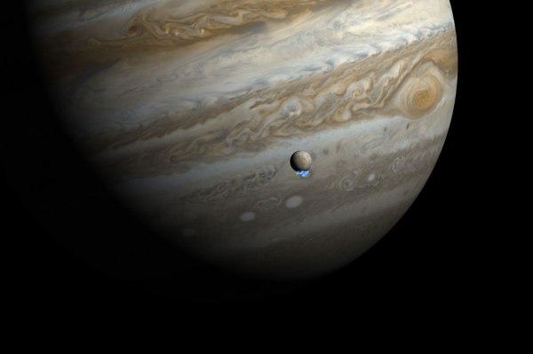 Rendering of Europa's vapor plumes, seen by Hubble UV observations (NASA, ESA, and M. Kornmesser)