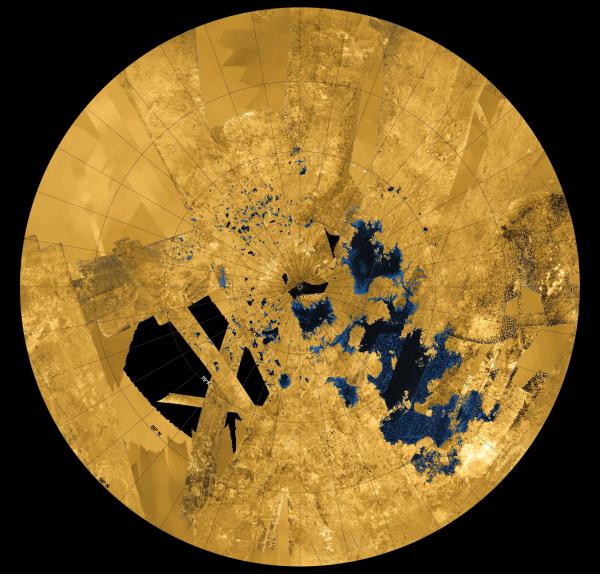 colorized mosaic from NASA's Cassini mission shows the most complete view yet of Titan's northern land of lakes and seas. (NASA/JPL-Caltech/ASI/USGS)