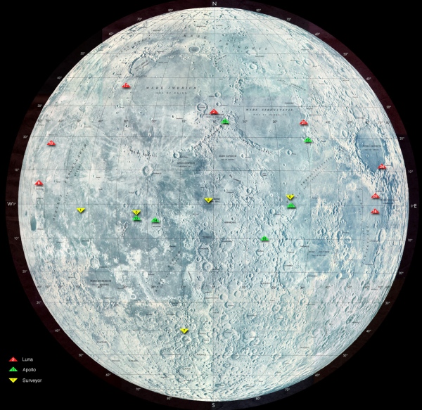 Locations of US and Soviet soft Moon landings
