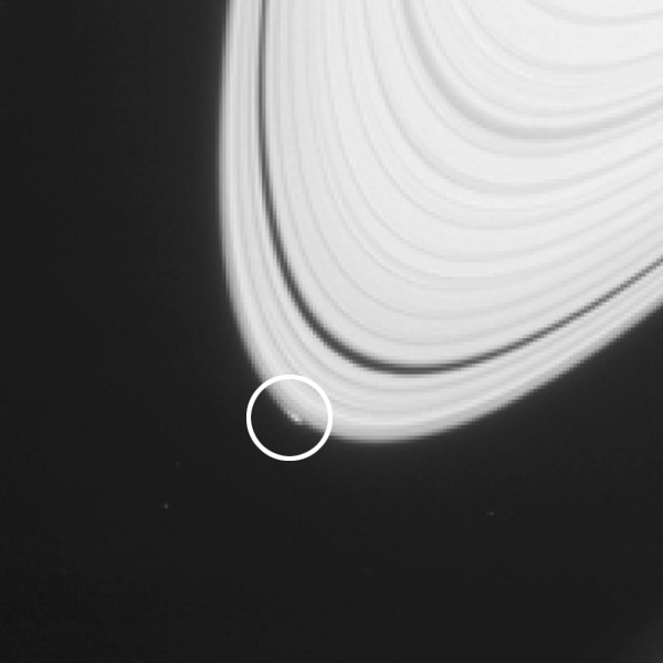 A 750-mile (1,200-km) -long feature spotted on Saturn’s A ring by Cassini on April 15, 2013 could be a new moon in the making (NASA/JPL-Caltech/SSI)
