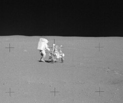 Ed Mitchell on the lunar surface with the Modularized Equipment Transporter (MET), the first wheeled vehicle used on the Moon. (NASA)