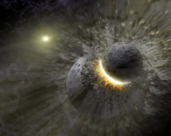 The "Giant Impact" hypothesis has the Moon formed from an impact between early Earth and a Mars-sized body (NASA)