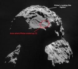 Philae's final location is somewhere in the red circle, based on current estimates. (Original image credit ESA/Rosetta/NAVCAM. Edit by J. Major)