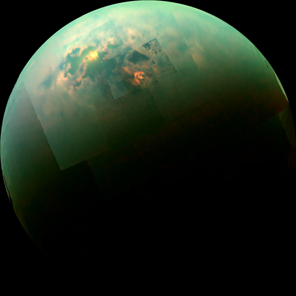Infrared mosaic image showing sunglint off Titan's Kraken Mare. (NASA/JPL-Caltech/University of Arizona/University of Idaho)