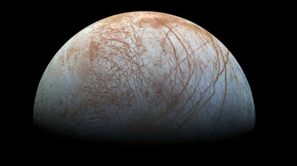 A newly-reprocessed color view of Europa made from images taken by NASA's Galileo spacecraft in the late 1990s. Image credit: NASA/JPL-Caltech/SETI Institute