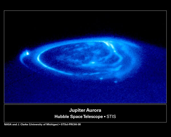UV image of Jupiter taken with the Hubble Space Telescope Imaging Spectrograph (STIS) on November 26, 1998. (NASA/ESA, John Clarke (University of Michigan))