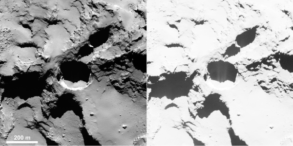 Active pit detected in Seth region of 67P. This is an OSIRIS narrow-angle camera image acquired on Aug. 28, 2014 from a distance of 60 km. The image resolution is 1 m/pixel. Enhancing the contrast (right) reveals fine structures in the shadow of the pit, interpreted as jet-like features rising from the pit. Credits: ESA/Rosetta/MPS for OSIRIS Team MPS/UPD/LAM/IAA/SSO/INTA/UPM/DASP/IDA