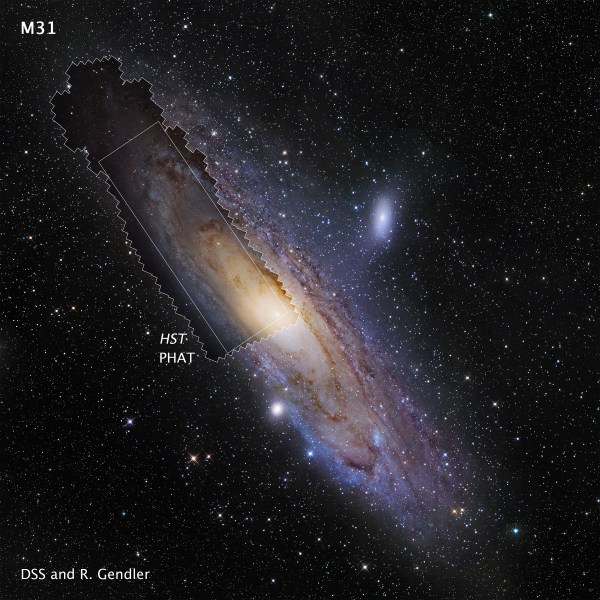 Hubble Space Telescope M31 PHAT mosaic image shown in context with a ground-based image of the Andromeda Galaxy (M31).  Credit: NASA, ESA, and Z. Levay (STScI/AURA)