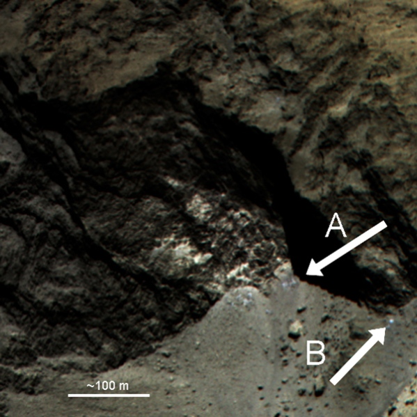 Color-composite of an alcove at the Hathor–Anuket boundary. The surface of the consolidated material in the alcove contains distinct spots of brighter material. On the floor beneath, material 20% brighter and bluer than the surroundings can also be seen (e.g. A and B), and may be evidence of recently exposed ice. The color image was created from the red, green and blue filters (central wavelengths of (882, 700 and 481 nm, respectively) of the OSIRIS narrow-angle camera.