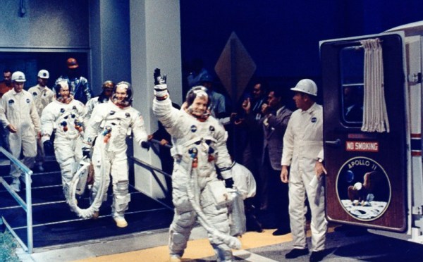 Neil Armstrong leading the Apollo 11 crew to the Astrovan on July 16, 1969 (NASA/KSC)