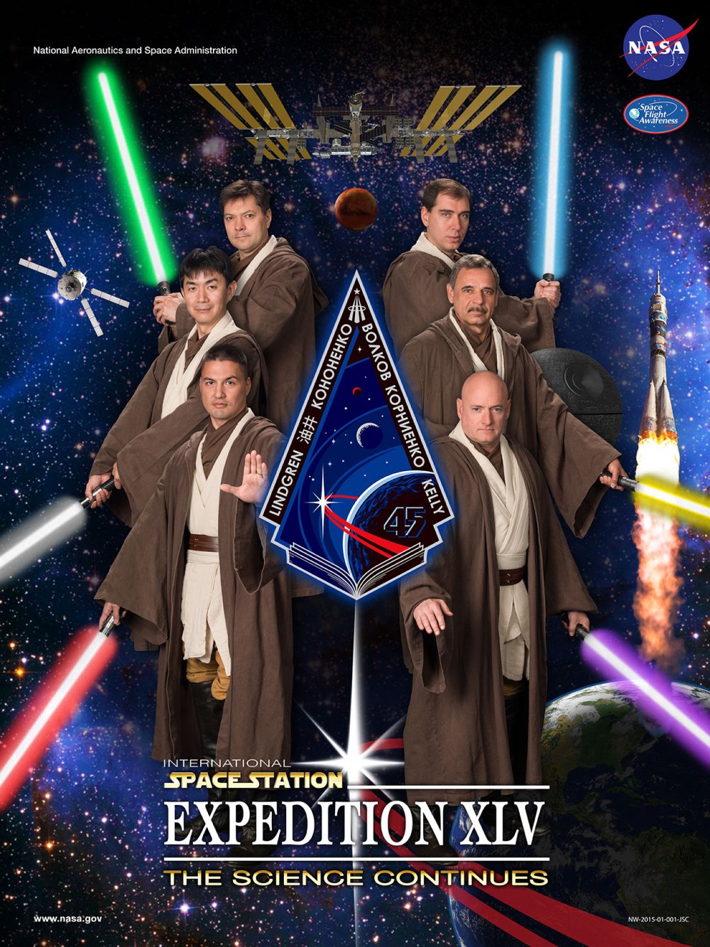 The Expedition 45 team poster has astronauts and cosmonauts trading flight suits for Jedi robes.