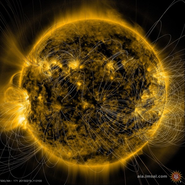 Image of the Sun from NASA's SDO spacecraft AIA assembly showing a PFSS (Potential Field Source Surface) map of its magnetic field lines. (Credit: NASA/SDO and the AIA science team.) 