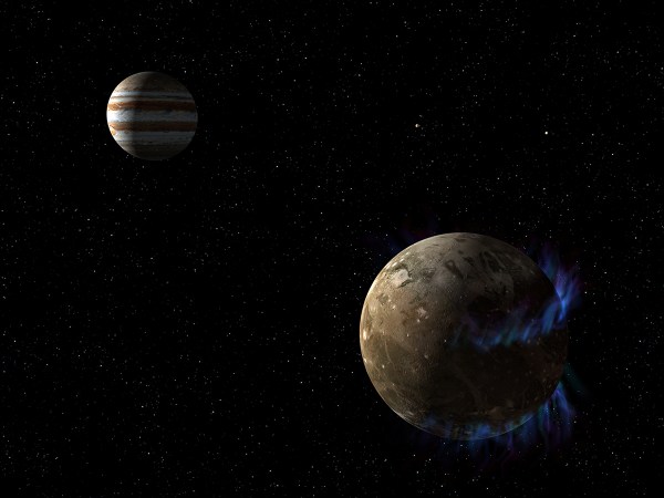 Illustration of Ganymede's auroral ovals, the stability of which hint at a global underground ocean. Credit: NASA, ESA, and G. Bacon (STScI).