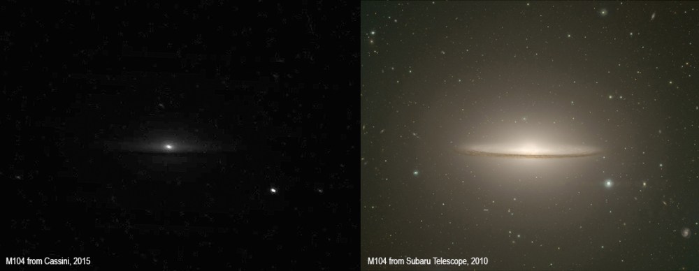 M104 imaged five years apart from Cassini on April 12, 2015 (left) and from the Subaru Telescope on April 12, 2015 (right). Credits: NASA/JPL/SSI/J. Major and NAOJ.