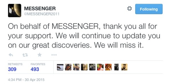 Tweet from the @MESSENGER2011 account on Twitter after impact. 
