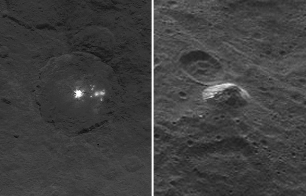 Ceres' bright spots (left) and a new mountain feature (right) imaged by Dawn in June 2015. Credits: NASA/JPL-Caltech/UCLA/MPS/DLR/IDA