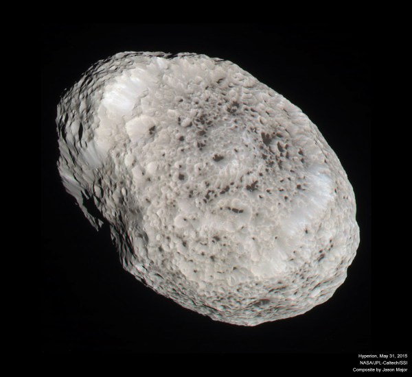 RGB color-composite of Hyperion from Cassini's May 31, 2015 flyby. NASA/JPL-Caltech/SSI. Edited by Jason Major.
