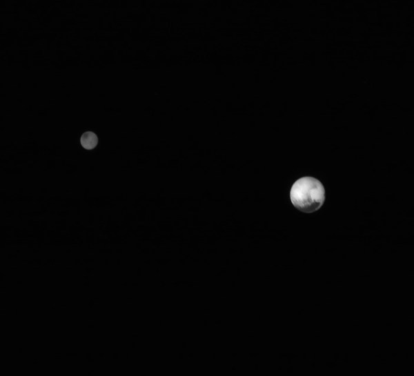 Pluto and Charon from 7.8 million km (4.5 million miles) on July 7, 2015. (Credit: NASA/Johns Hopkins University Applied Physics Laboratory/Southwest Research Institute. Edited by J. Major.)
