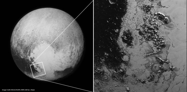 LORRI camera images of Pluto from July 13 (left) and July 14 (right) – the enlarged area shows a second mountain range on the border of Tombaugh Regio. (NASA/JHUAPL/SwRI. Edit by Jason Major).