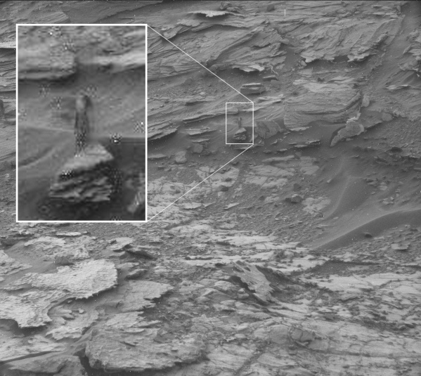 This is a stretch even for pareidolia: this outcrop in a Mastcam image from Sol 1001 is claimed to look like a woman. (NASA/JPL-Caltech/MSSS)