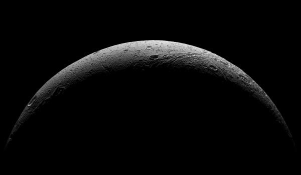 Cassini's parting view of Dione's crescent, made from five images acquired from 37,000 miles (59,000 km) to 47,000 miles (75,000 km) away on Aug. 17, 2015.
