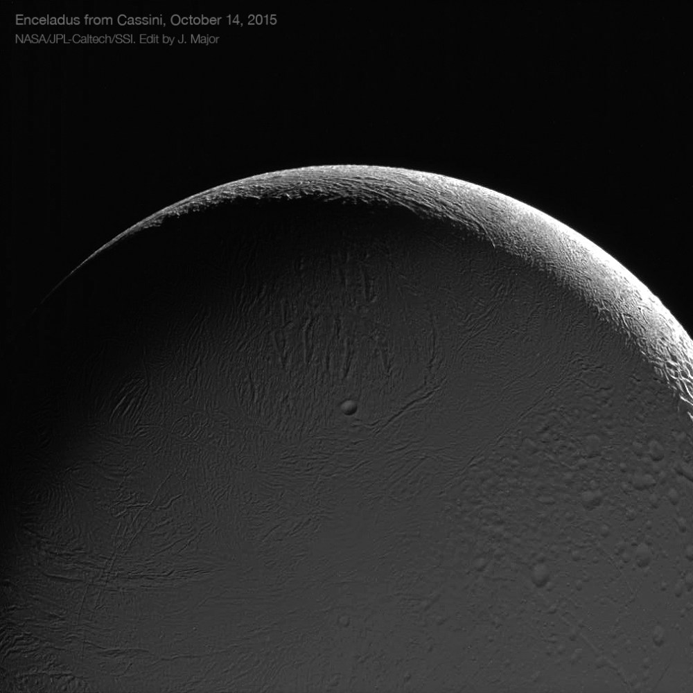 A view of the Saturn-lit night side of Enceladus from Oct. 14, 2015.