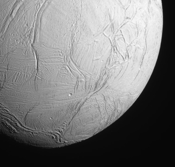 The southern hemisphere of Enceladus imaged by Cassini upon approach on Oct. 28, 2015.