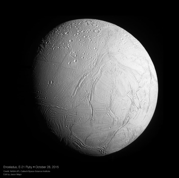 Hi-res mosaic of Enceladus, Oct. 28, 2015. (NASA/JPL-Caltech/SSI. Edit by J. Major.)