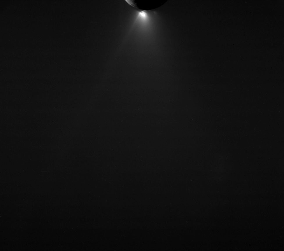 Enceladus' icy jets, seen here in backlit lighting on Dec. 19, 2015. (NASA/JPL/SSI)