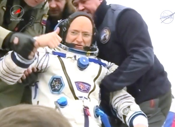 Astronaut Mark Kelly after exiting the Soyuz TMA-18M on March 1, 2016. (NASA TV)