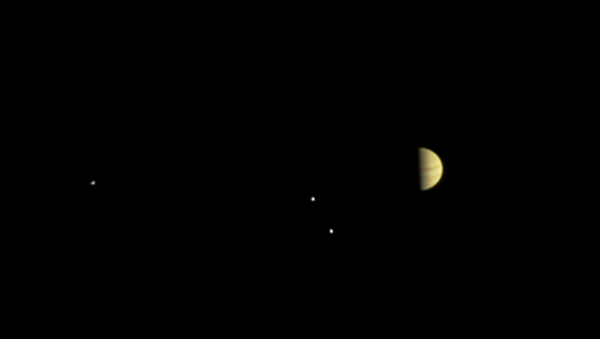 Jupiter along with Ganymede, Io, and Europa on June 28, 2016 from 3.85 million miles away (6.2 million km). NASA/JPL-Caltech/SwRI/MSSS.