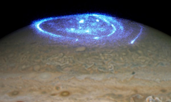 Jupiter's northern aurora captured in ultraviolet light by the Hubble Space Telescope in 2016.