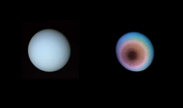 True-color (left) and false-color views of Uranus. January 17, 1986. Range 5.7 million miles. (NASA/JPL)