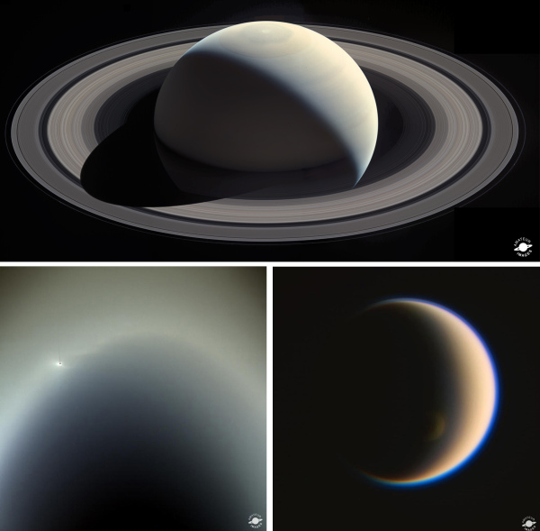 Amateur-processed images from Cassini. Top: Saturn mosaic by Ian Regan; Lower left: Enceladus in the E Ring by Val Klavans; Lower right: Crescent Titan by Jason Major.