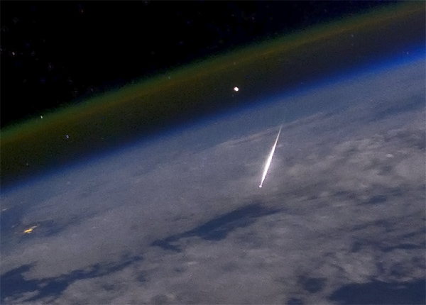 Meteors typically occur about 50 to 75 miles above the ground. This one was photographed from above by astronaut Ron Garan aboard the ISS in August 2011. (NASA image)